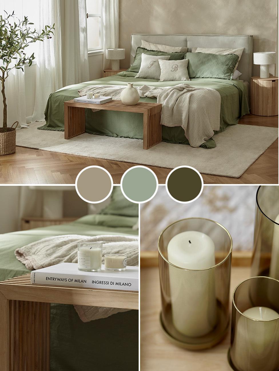 moodboard sypialni w ciepłych kolorach zieleni i beżu