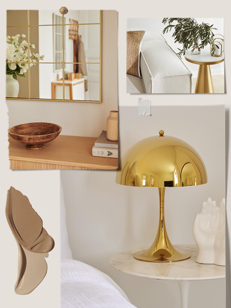 Beżowy salon na moodboardzie ze złotymi dekoracjami