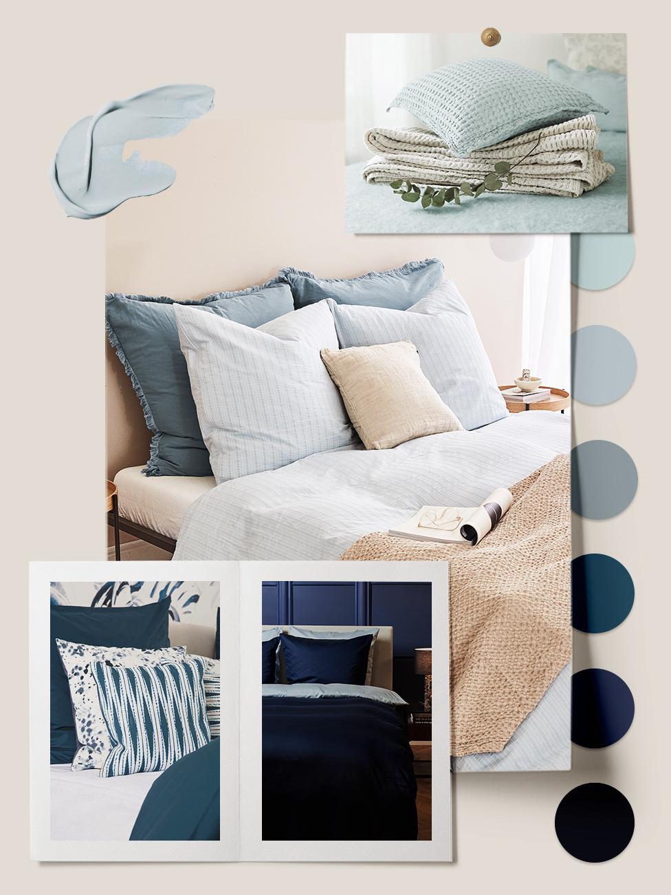 moodboard w odcieniach błękitu przedstawiający kolory do sypialni