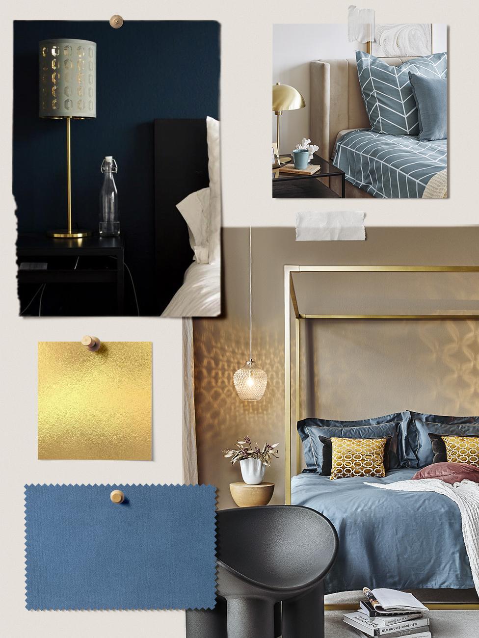 moodboard w odcieniach błękitu i złota przedstawiający kolory do sypialni