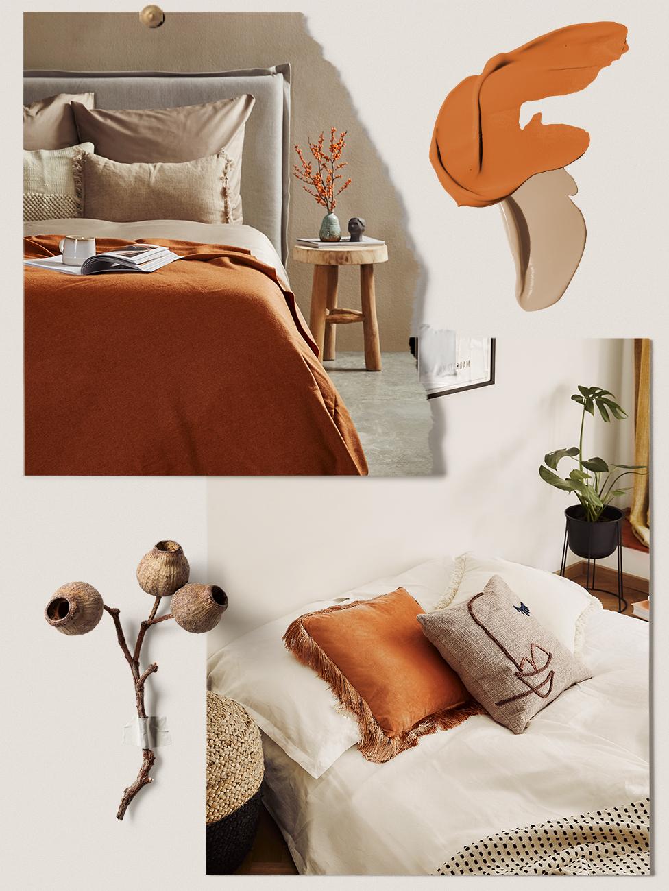 moodboard w odcieniach pomarańczy i beżu przedstawiający kolory do sypialni