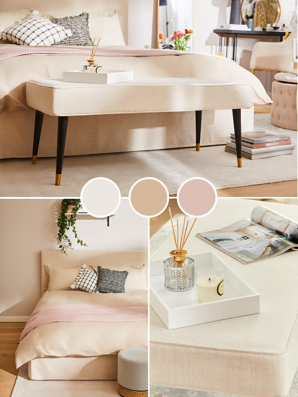 moodboard w pastelowych odcieniachi przedstawiający kolory do sypialni