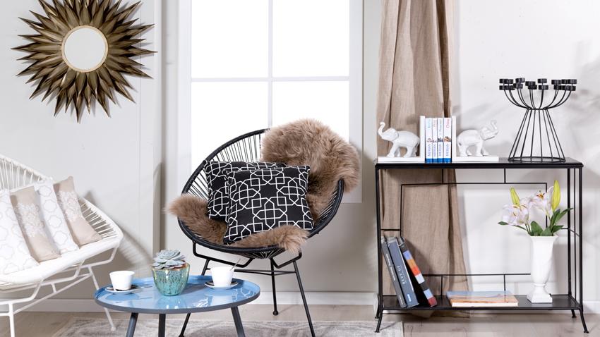 Sideboard Glas und Sessel mit Fell