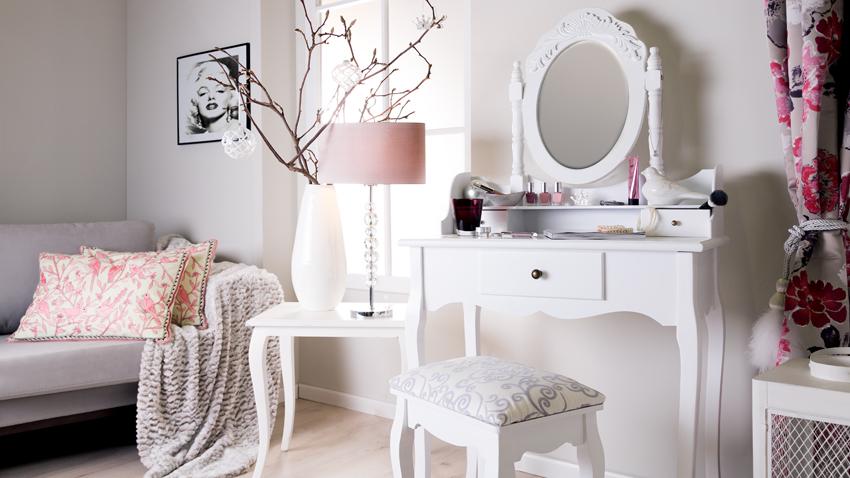 Coiffeuse miroir avec rangement en bois blanc