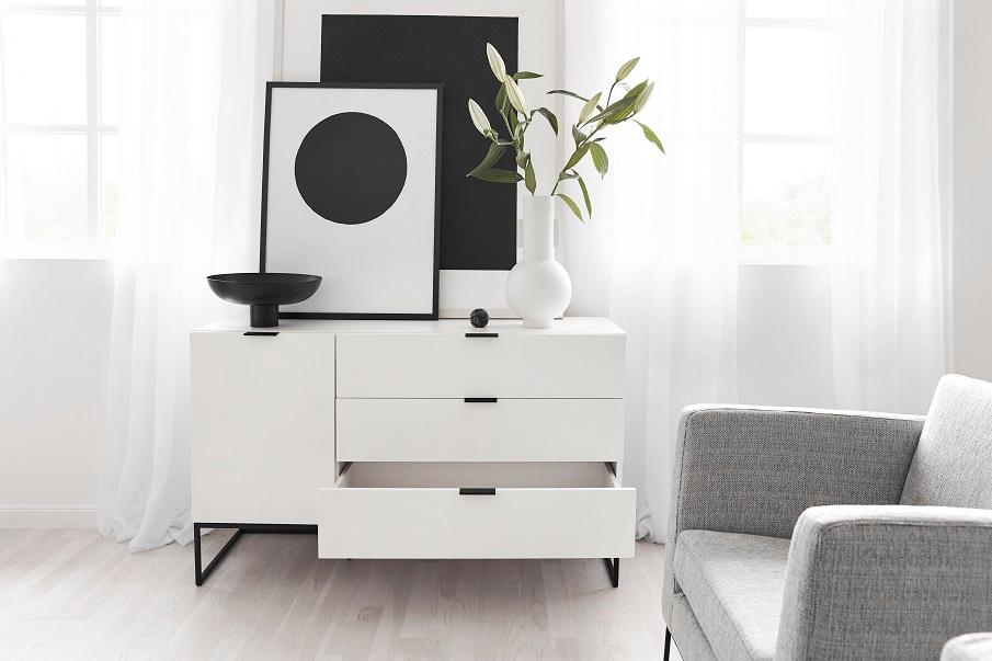 commode design blanche 1 porte et 3 tiroirs
