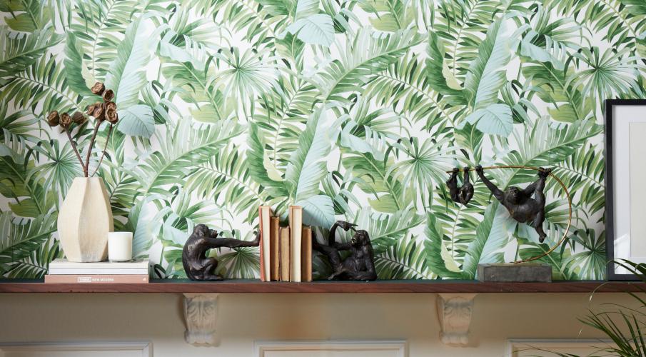 Papier peint tropical vert, étagère, serre-livres, décoration singe