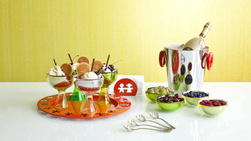 cestello portabottiglie gelato coppette tovaglioli frutta vassoio