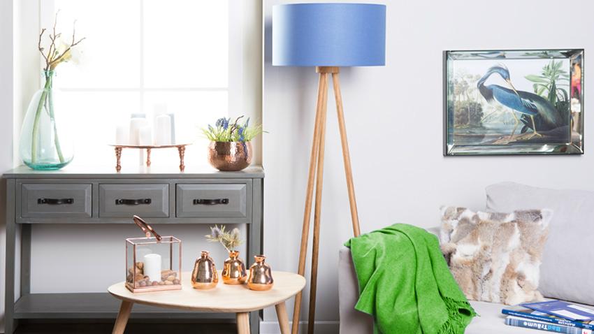 plaid groen appeltjesgroen lamp moderne stijl blauw interieur