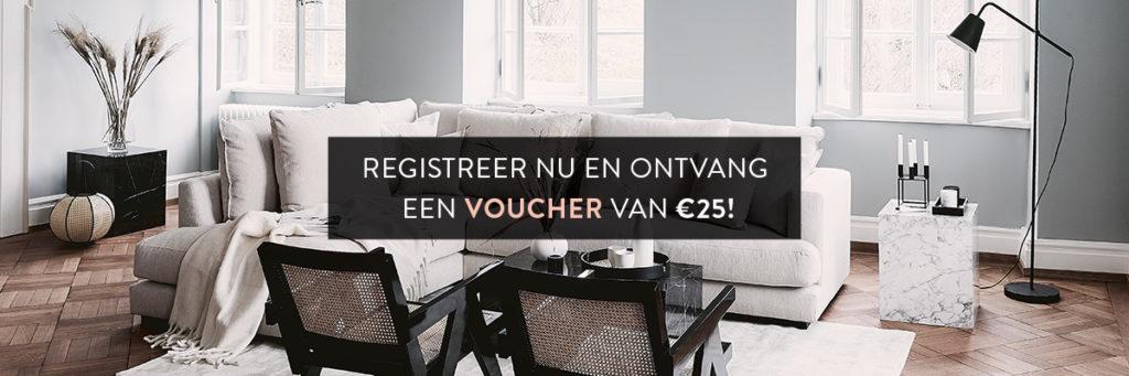 Banner Westwing woonkamer in moderne interieurstijl met voucher tekst Registreer nu en ontvang een voucher van 25 euro