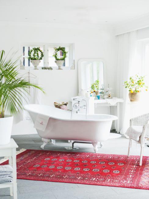Plantes de salle de bains Salle de bains moderne avec baignoire au milieu et tapis rouge à motifs