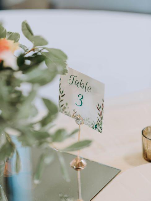 Plan de table de mariage Carton marqueur de table sur support et bouquet de fleurs