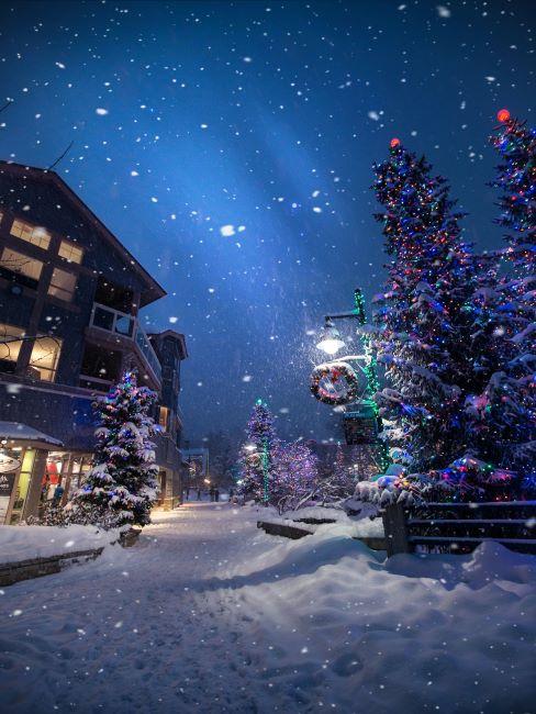fetes de noel village de noel, sapin de noel, decoration exterieure noel, nuit de noel;, neige, ciel de nuit avec etoiles, ambiance de noel