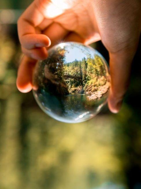 cosa si può riciclare mano che tiene palla di vetro in cui si riflettono alberi verdi
