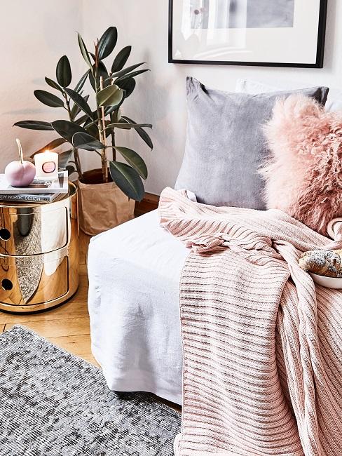 Pflegeleichte Zimmerpflanzen Gummibaum neben silberfarbenen Beistelltisch und Schlafsofa mit rosa und grauen Kissen