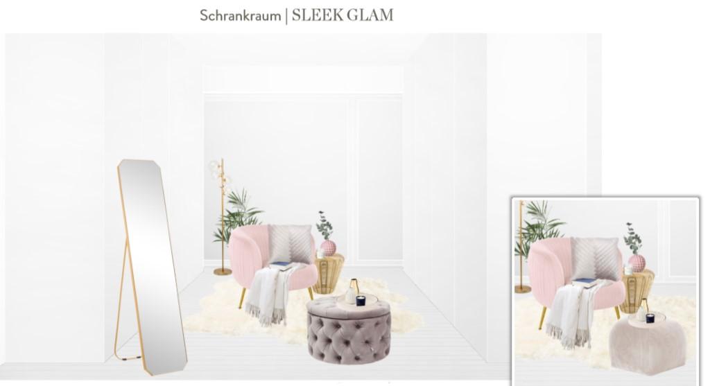 Reihenhaus einrichten Ankleidezimmer Sessel Pouf Spiegel