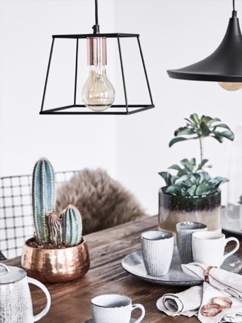 Decoración con cactus Decoración de mesa de madera con cactus y vajillas en tonos azules