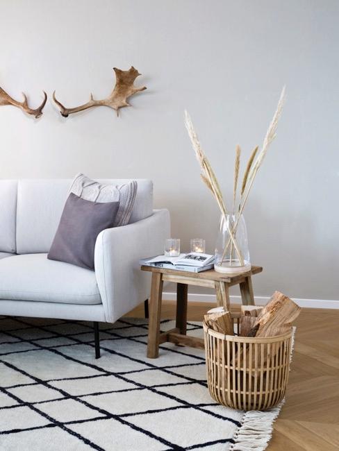 Nahaufnahme Wohnzimmer mit Deko Geweih über Couch