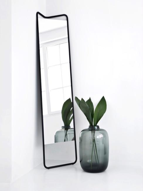 decorar con espejos Habitación con suelo y paredes blancas, espejo y jarrón de plantas minimalista