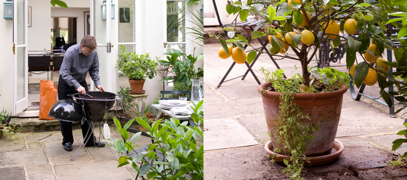 Sebastian Conran im Garten am Grill mit Zitronenbaum