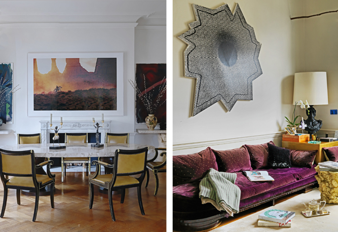 Dieses Zuhause in Porto zeigt, wie einladend Schwarz sein kann. Olivgrüne Eames-Fiberglas-Schalenstühle nehmen die Farbe des großen, modernen Gemäldes auf, zwei Teppiche sorgen für Gemütlichkeit im Esszimmer. Neben einzelnen großen Objekten fungiert die Hausbar als edles Deko-Element. Ein Musterbeispiel für maskuline Eleganz!