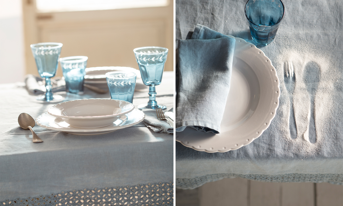 La Fabbrica del Verde Tavola Shabby con Tovaglia Blu La Fabbrica Del Verde, Decorazioni, Mise en place, Primavera, Shabby, Trend
