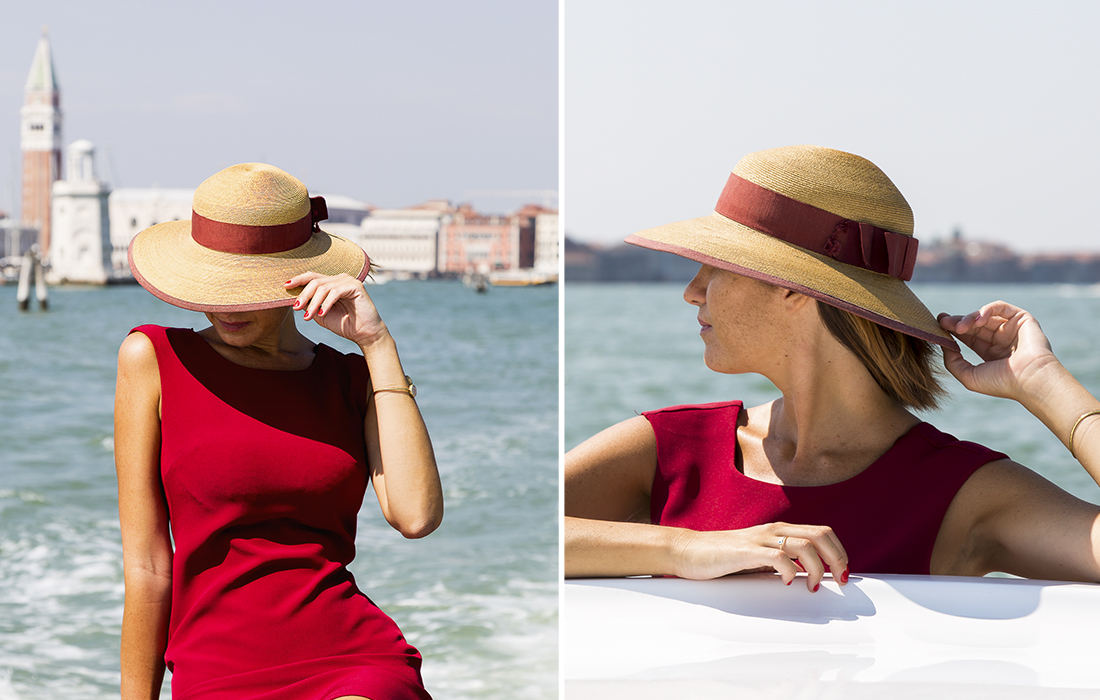 Dalani, Mostra del Cinema di Venezia Margot Zanni in Motoscafo Lungo il Canal Grande Cappello e Abito Rosso Dalani, Mostra del Cinema di Venezia- Cinema, Arte, Estate, Relax, Hollywood, Made in Italy