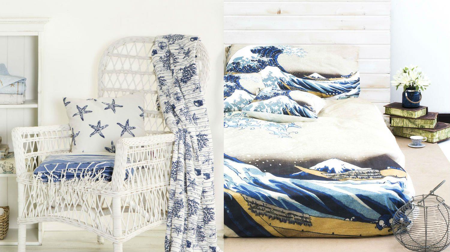 Dalani, Mare, Stile Underwater Poltrona in Vimini con Coralli Blu e Lenzuola con Stampa Dipinto Hokusai Dalani, Mare, Ispirazione, Casa, Estate